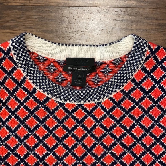 J. Crew Collection Cashmere Red Navy Diamond Print Crew Neck - Picture 7 of 8